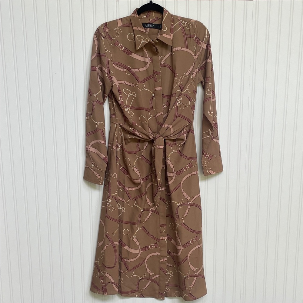 Lauren Ralph Lauren Tan and Mauve Printed Long-Sleeve Dress with Tie Waist